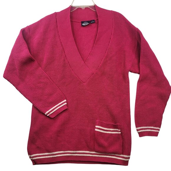 92 Vintage Levis Dockers Nantucket Sweater Pink V-Neck M USA Schoolgirl Academia - Picture 1 of 11